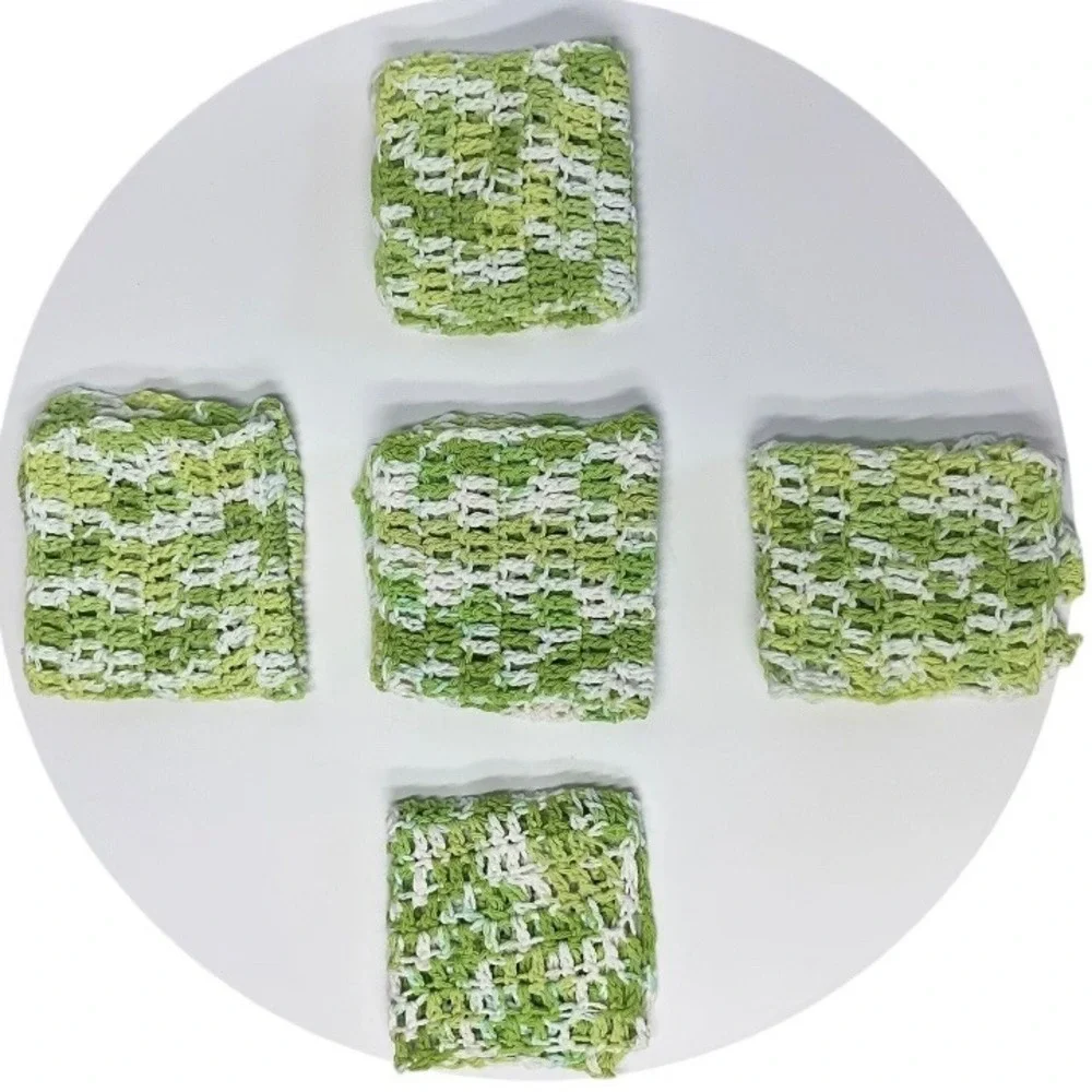 Set of Five Crocheted Homemade Dishcloths Lime Green Cushioning, Old Fashioned
